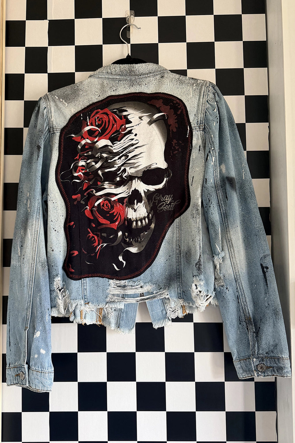 Skull & Roses Shredded Denim Jacket