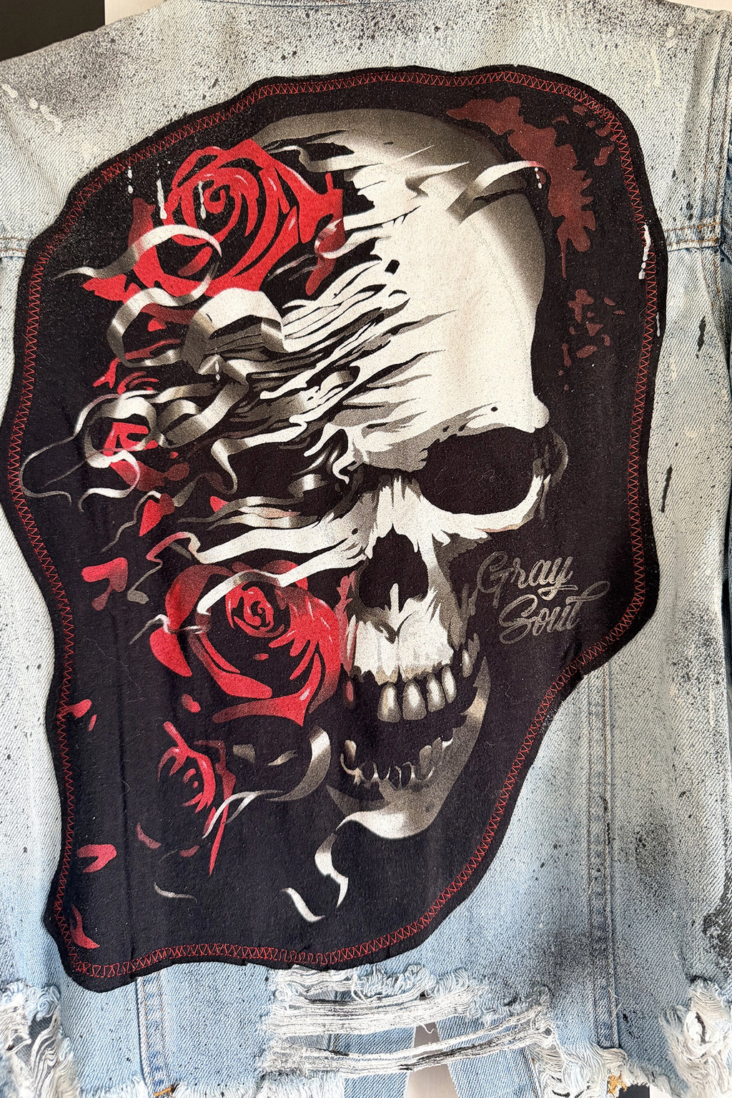 Skull & Roses Shredded Denim Jacket